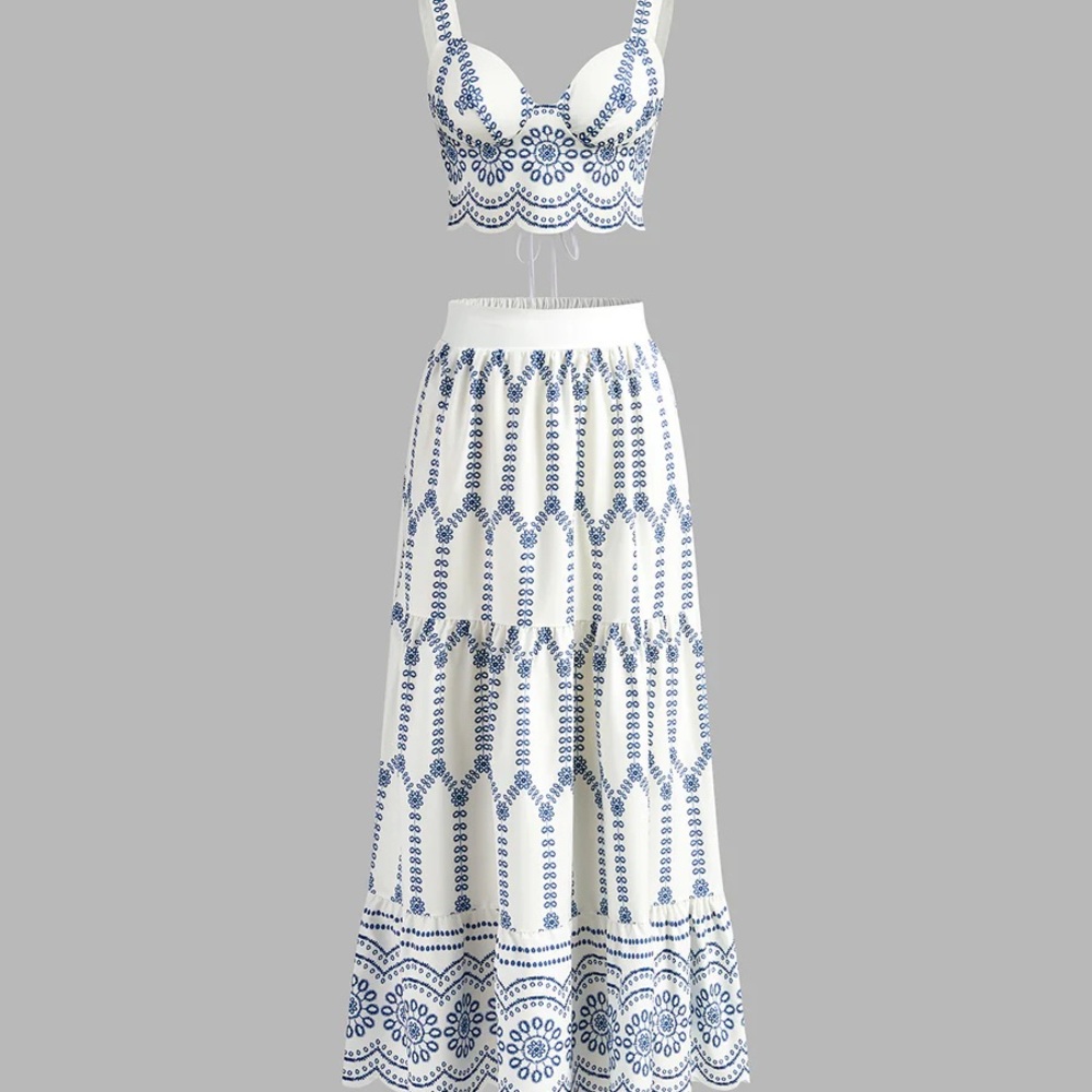 Commense Printed Sleeveless Tie Back Skirt Set